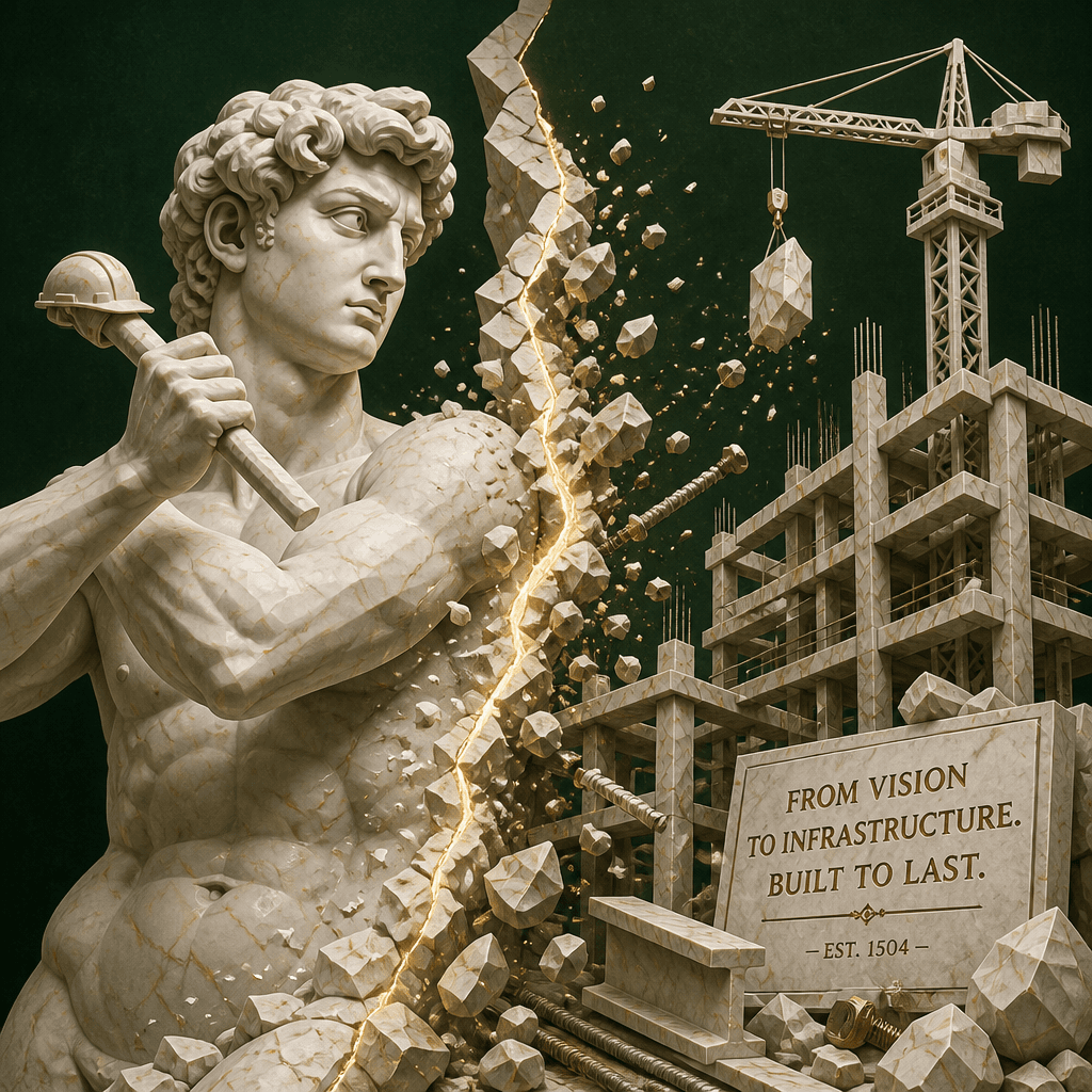 A marble statue of David in a hard hat swings a chisel while a construction site and crane rise out of the same stone, beside a plaque reading From Vision to Infrastructure. Built to Last.