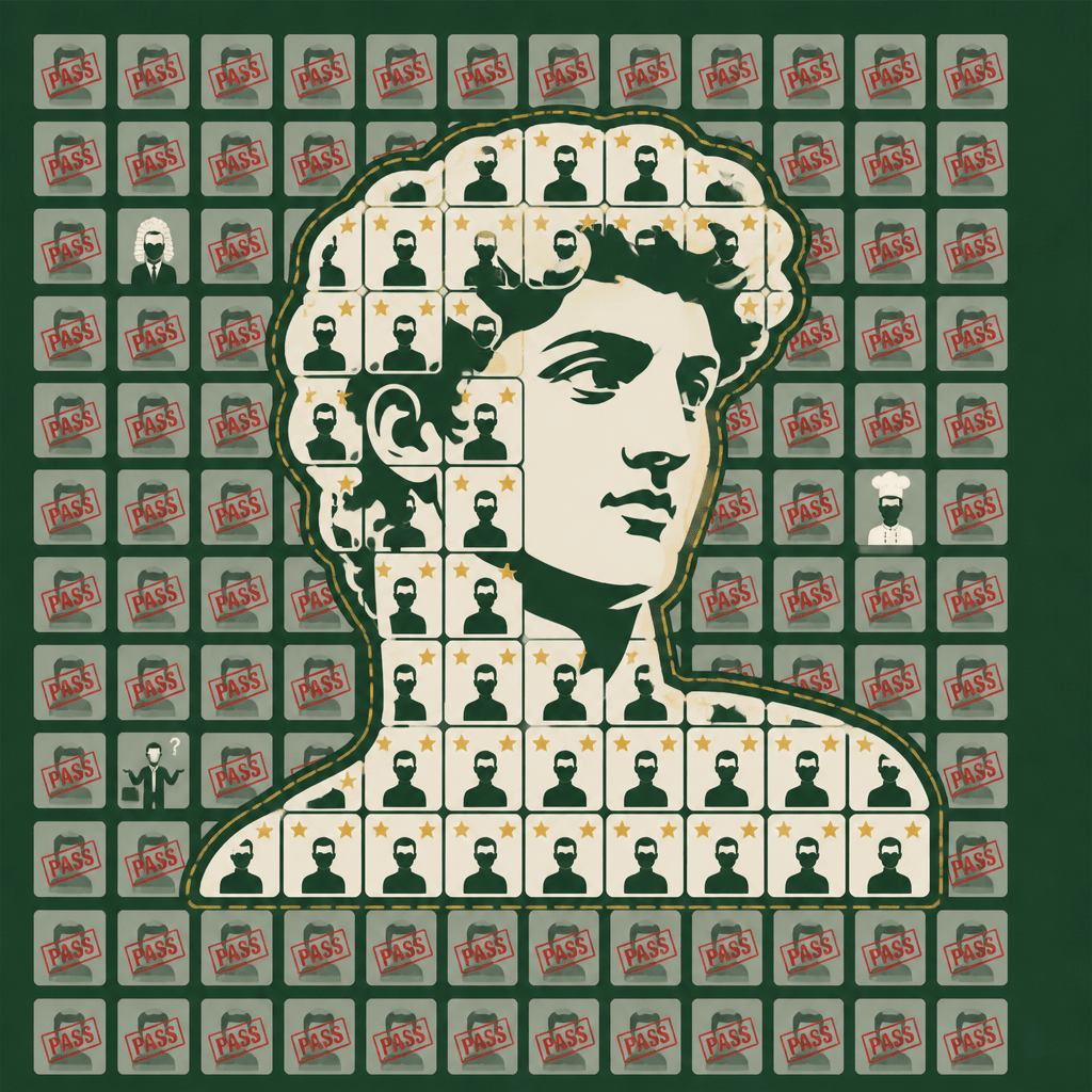 A grid of profile icons, most stamped PASS and faded, while the ones left un-stamped form the silhouette of David's head and shoulders in negative space.