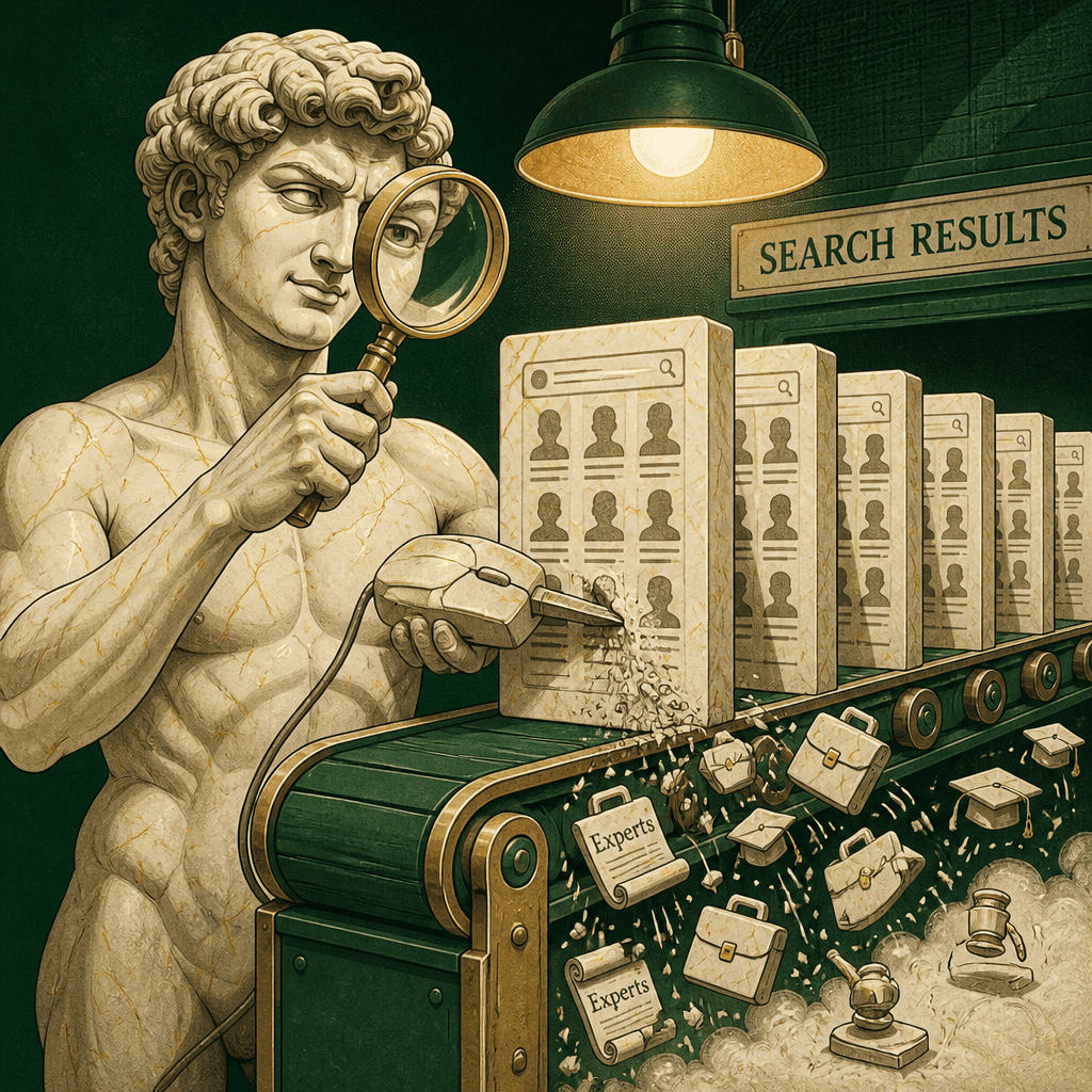 David holds a magnifying glass and a chisel shaped like a computer mouse, carving into marble panels of search results on a conveyor belt while rejected job titles - a gavel, a briefcase, a graduation cap - fly off as chips.