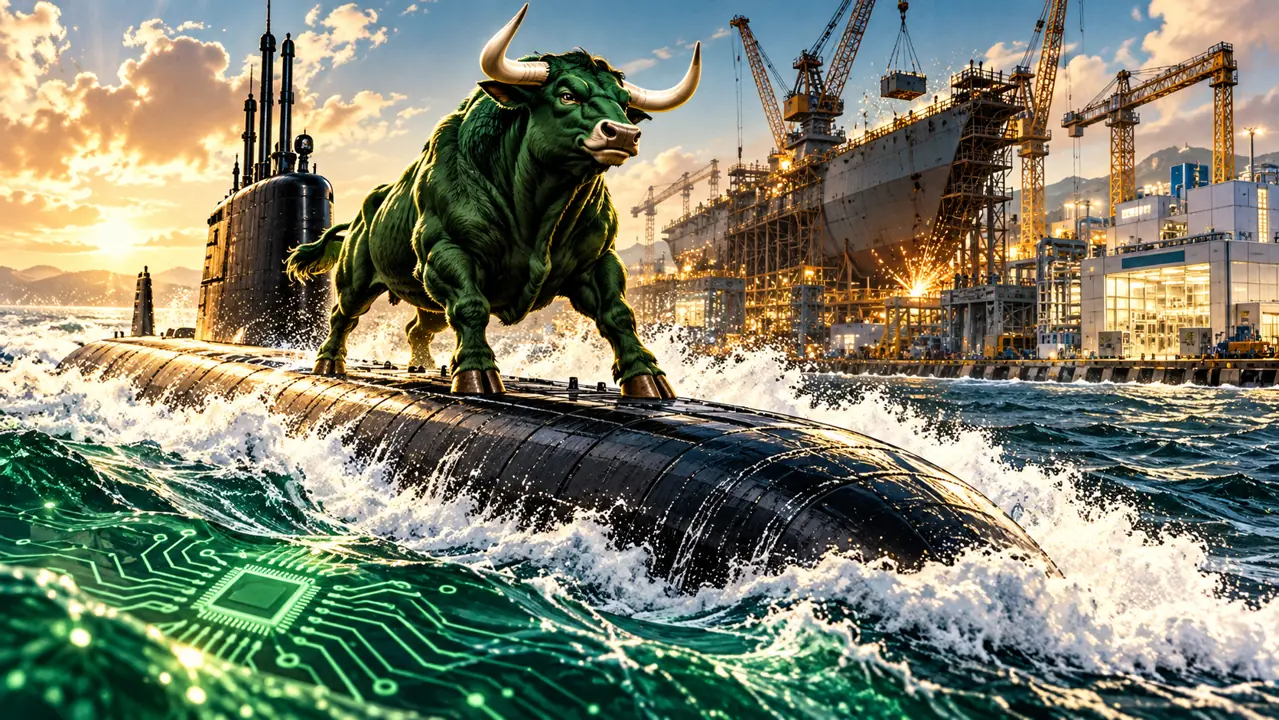 A forest-green bull riding a surfaced submarine past a busy shipyard, with glowing AI circuitry in the foreground.