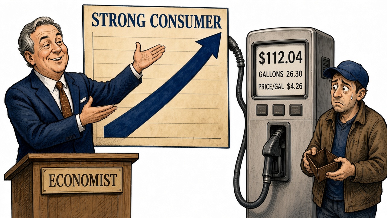 Satirical cartoon of an economist pointing to a Strong Consumer chart beside an oversized gas pump reading $112.04