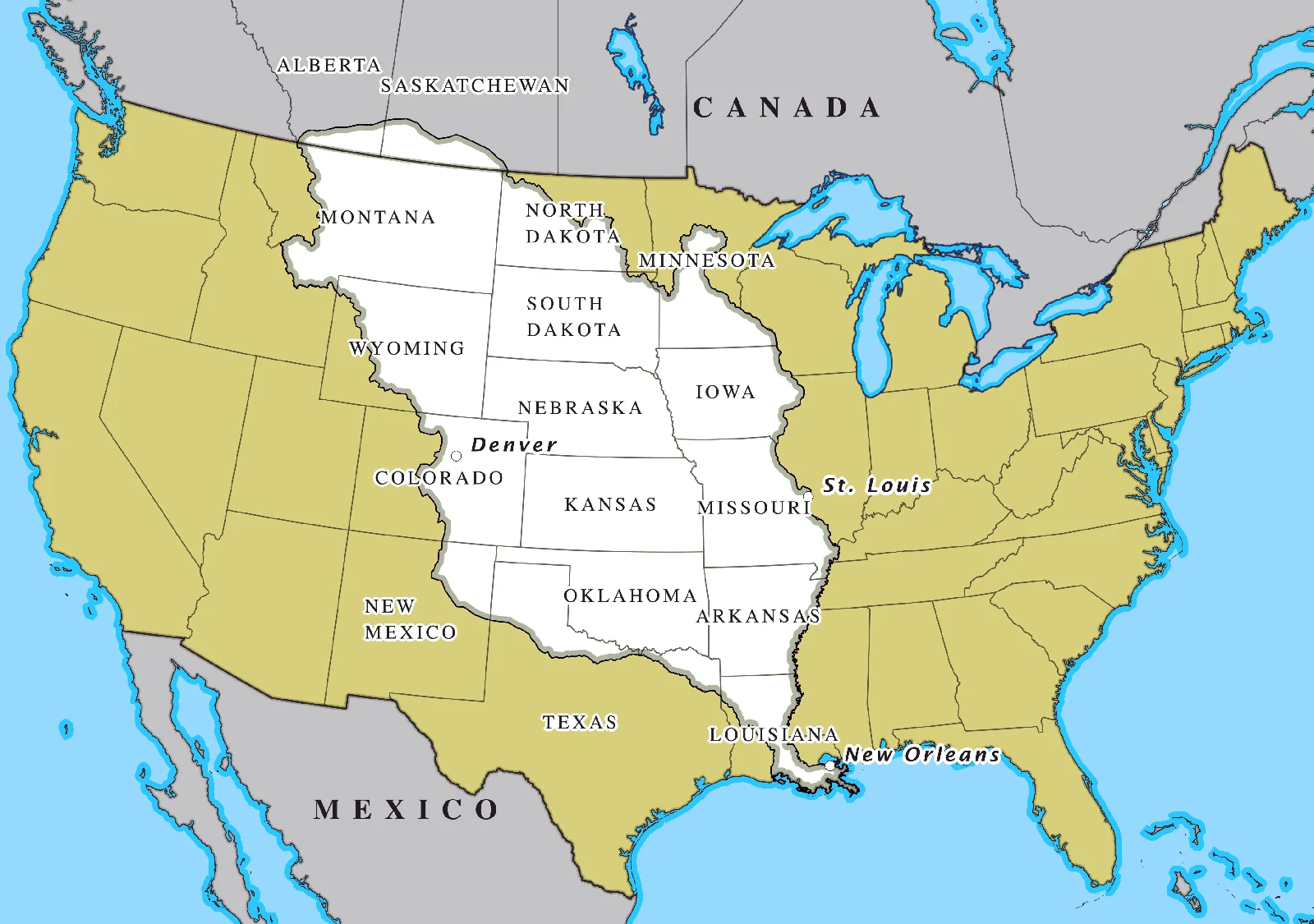 Map of the Louisiana Purchase with modern US state boundaries for orientation