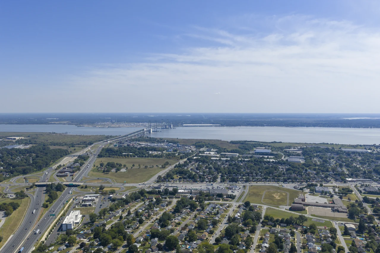 Aerial view of the Delaware Memorial Bridge, Delaware River and Interstate 295 in September 2025