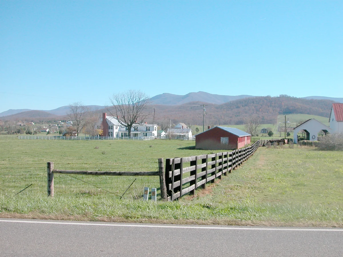 Pasture, a barn and distant ridgelines in the Shenandoah Valley